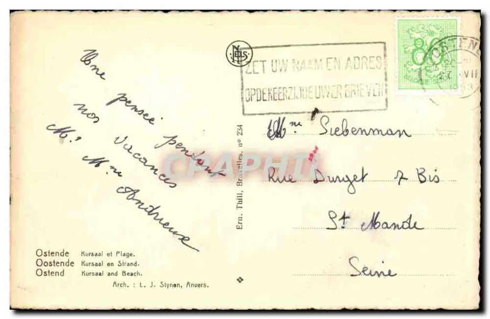 Ostende — Kursaal e Praia — Ern. Tulli, Bruxelas, n° 234 - Verso