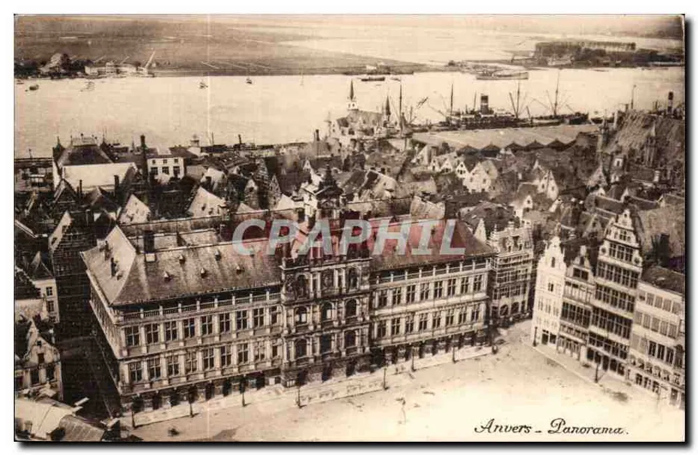 Antwerpen - Panorama — luftige Ansicht der Dächer und des Hafens - Vorderseite