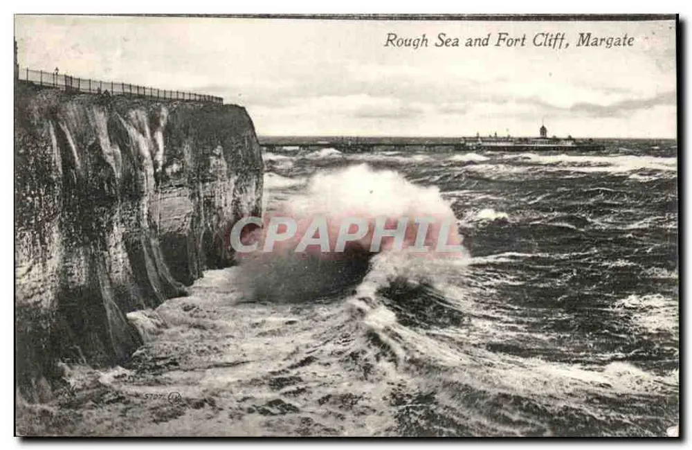 Rauer Meer und Fort Cliff, Margate — Ansicht der Klippen und Wellen — unbekannter Verleger, Seriennummer 57377 - Vorderseite