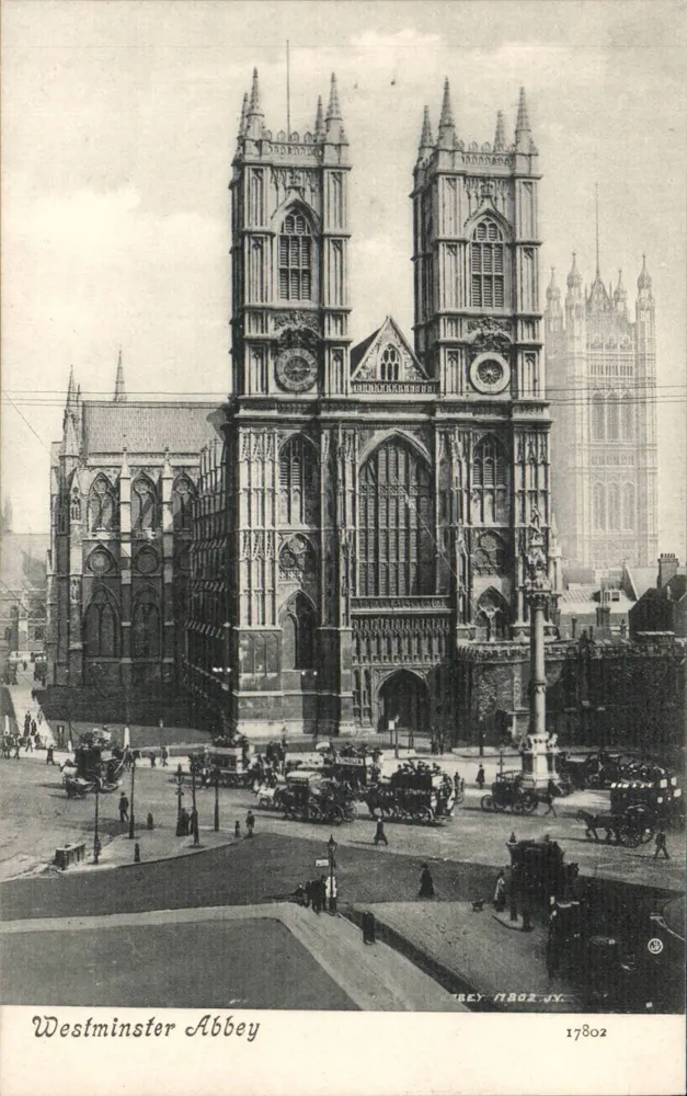 Westminster Abbey — Ansicht der Fassade mit den Türmen — Verlag Brey, Nr. 17802 - Vorderseite