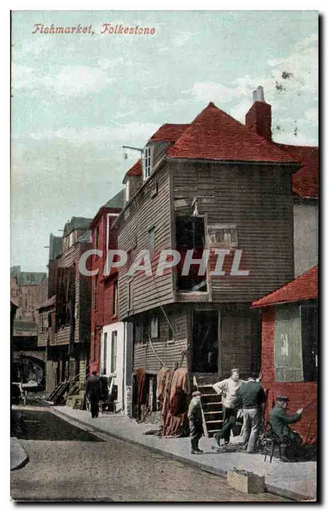 Fischmarkt, Folkestone — Blick auf Holzbauten und Menschen — Verlag unbekannt - Vorderseite