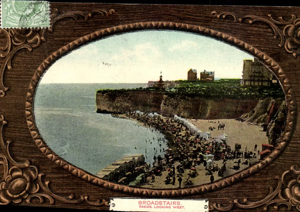 Broadstairs. Sands, Blick nach Westen. — Die Milton 'Elite-Glazette' Serie Nr. 9, Woolston Bros. — Stempel und Kürzel von Broadstairs, Kent - Vorderseite
