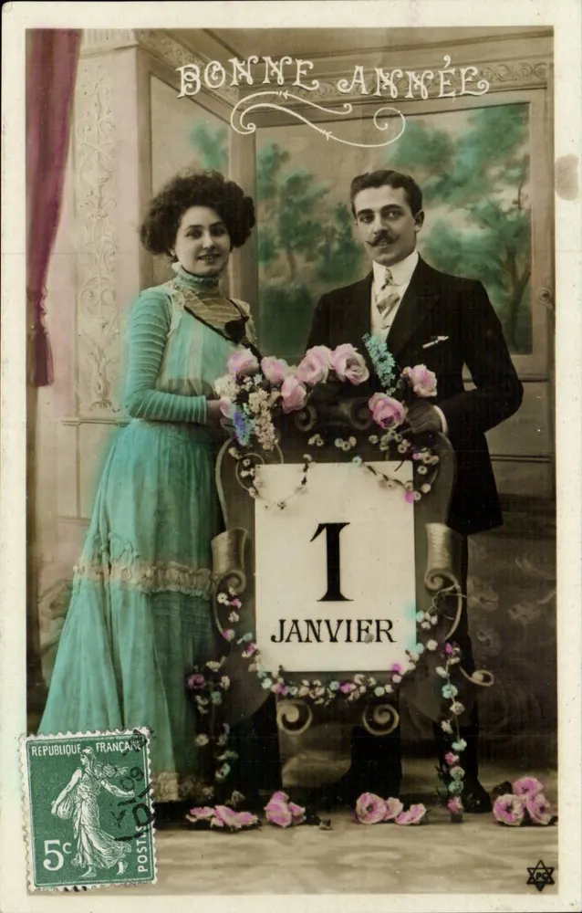 Paar vor einem Kalender — 1. Januar — Verleger unbekannt - Vorderseite