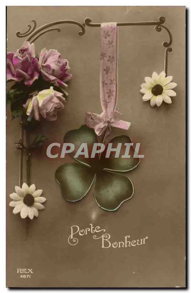 Türe des Glücks — dekorative Ansichtskarte mit Kleeblatt und Blumen — REX 4871 - Vorderseite