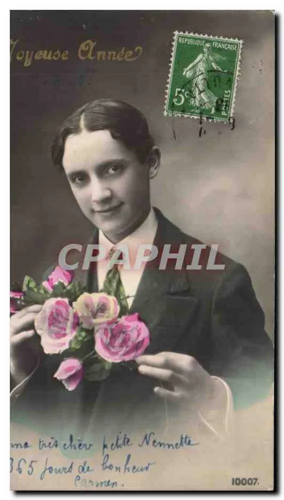 Jovem homem oferecendo rosas — cartão de felicitações — editor desconhecido, n° 10007 - Frente