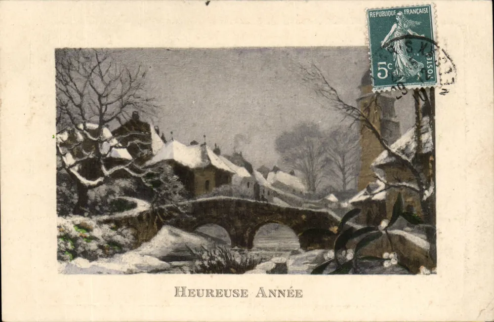 Winterlandschaft mit Brücke — Frohes Neues Jahr — Verlag Paris Dépose, Serie 8000 - Vorderseite