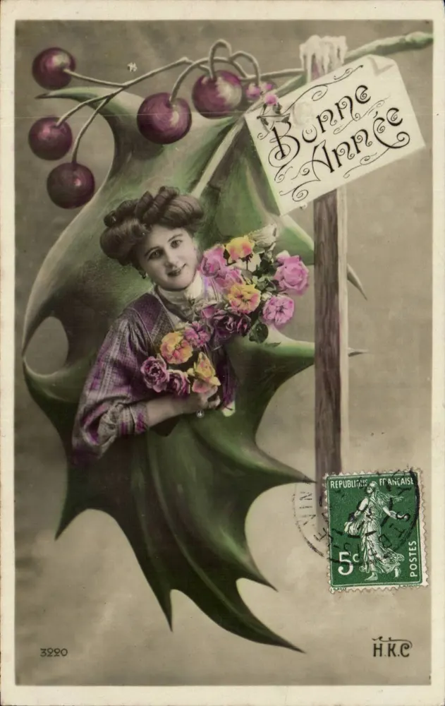 Frau mit Blumenstrauß — 'Guten Rutsch' — H.K.C. n°3220 - Vorderseite