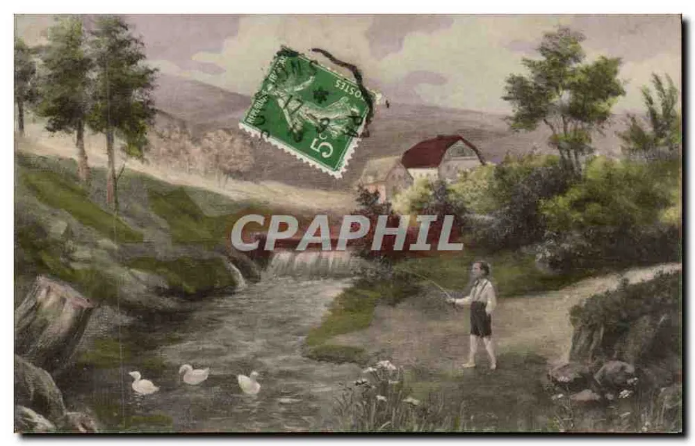 Angler mit Fliege — Landschaft mit Wasserfall und Enten — Verlag Vienné, Serie 817 - Vorderseite
