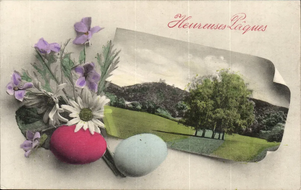 Ostern — Ansicht von Veilchen, Eiern und Landschaft — A.S. V. Serie 438 - Vorderseite