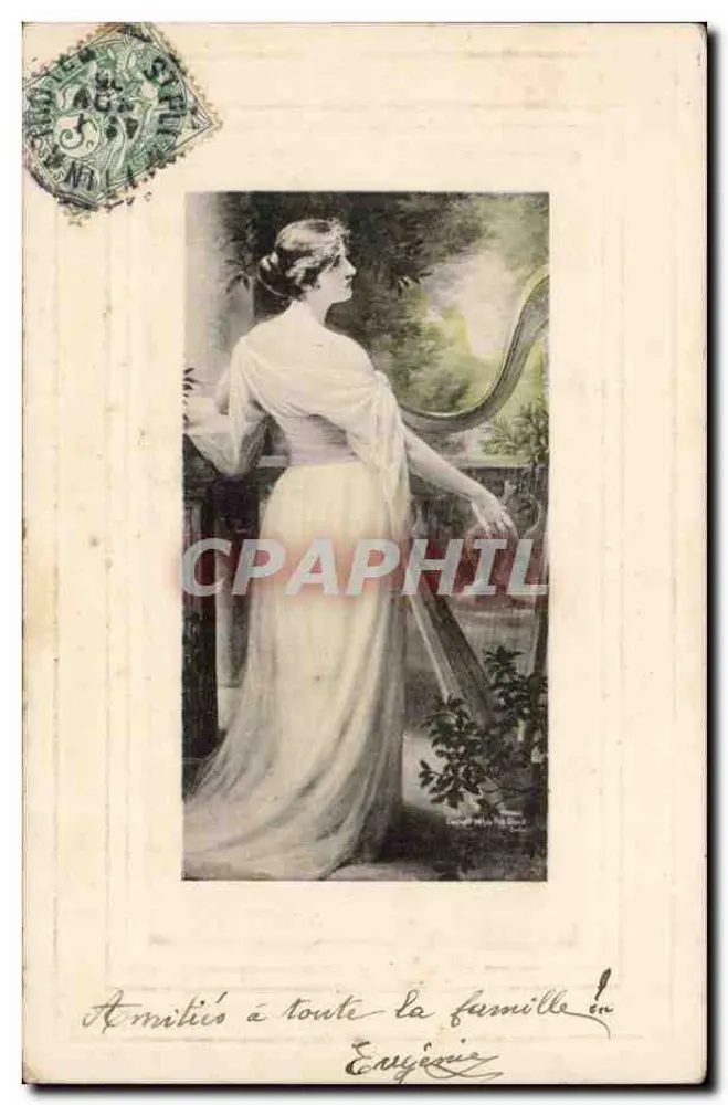 Frau in weißem Kleid — Harfe — Verleger F.G.B. Nr. 1911 - Vorderseite