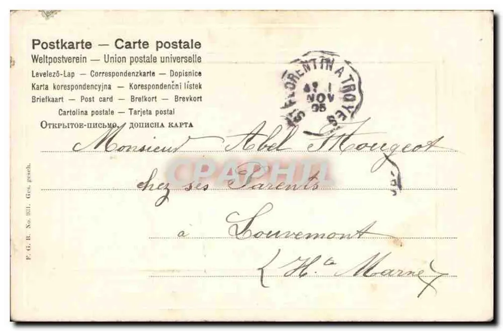 Frau in weißem Kleid — Harfe — Verleger F.G.B. Nr. 1911 - Rückseite