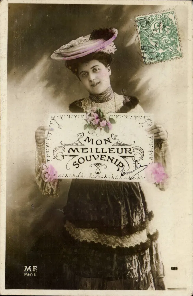 Frau mit violettem Hut — 'MEIN BESTES GEDENKEN' — M.E. Paris, Nr. 583 - Vorderseite