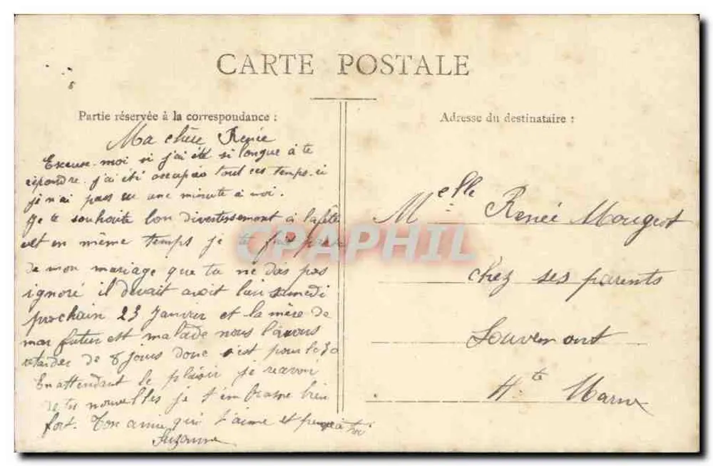 Junge Frau in einem rosa Kleid mit einem Blumenstrauß in der Hand — Tendres souvenirs — J.M.T. 404 - Rückseite