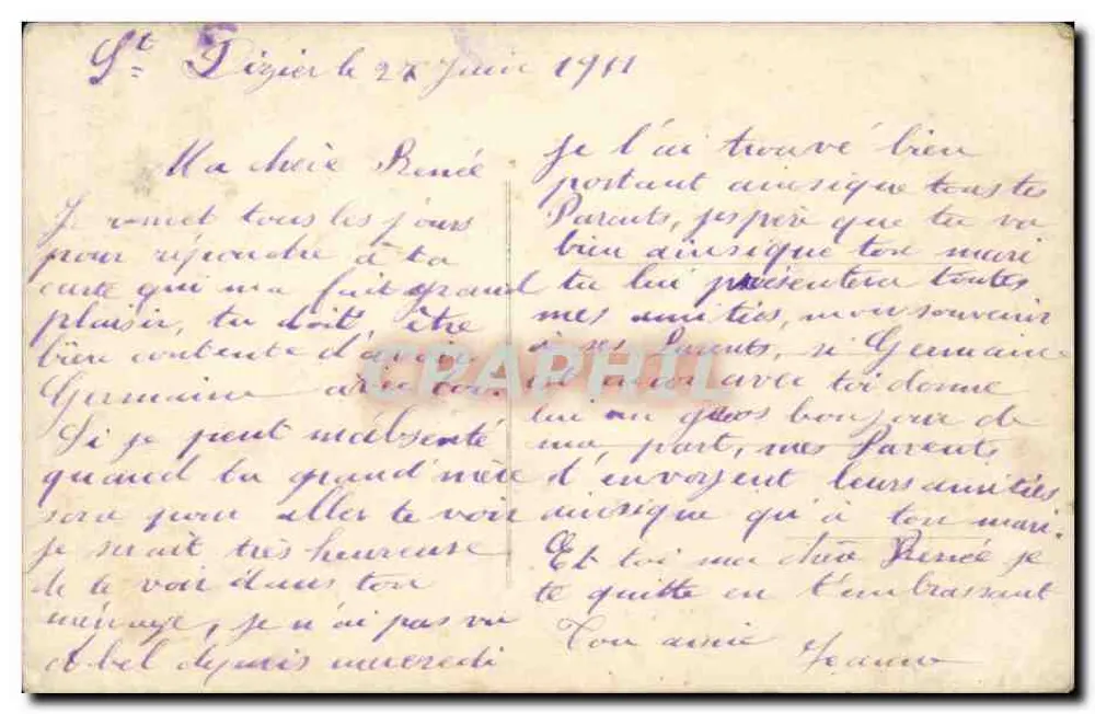 Lächelnde Frau mit Blumenbouquet — Ansichtskarte veröffentlicht von 'ALLY'S 668' — französischer 1-Franc-Poststempel - Rückseite