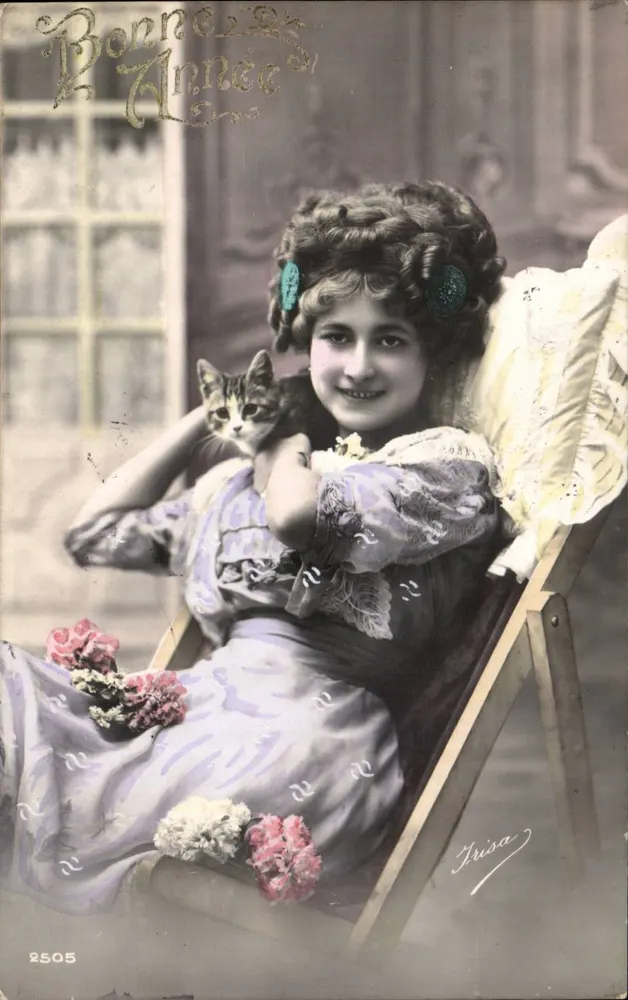 Junge Frau mit Katze — Frohe Weihnachten — Irisa, n°2505 - Vorderseite