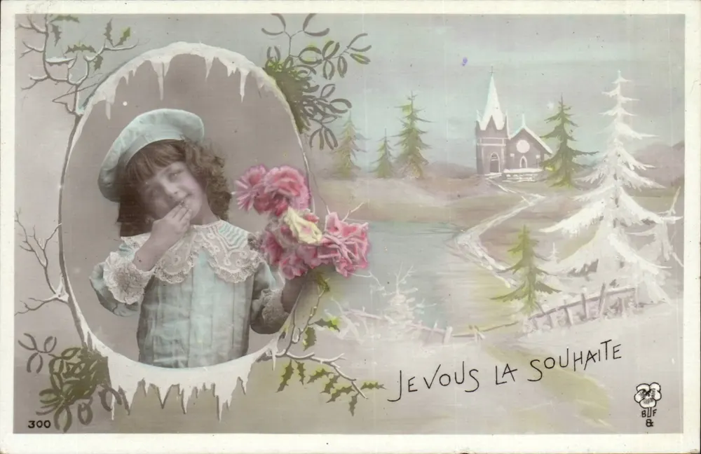 Mädchen mit Blumenstrauß — Winterlandschaft mit Kirche — Verlag B.U.F. & Nummer 300 - Vorderseite