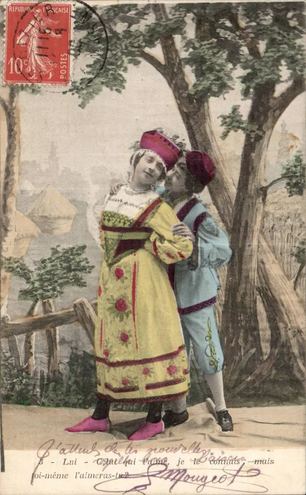Junges Paar in Bauernkleidung — romantische Szene — Verlag Mougeot - Vorderseite