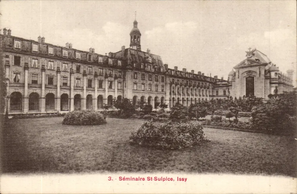 Sulpiz-Seminar, Issy — Ansicht des Gebäudes und Gartens — Verlag A. Bréger, Paris - Vorderseite