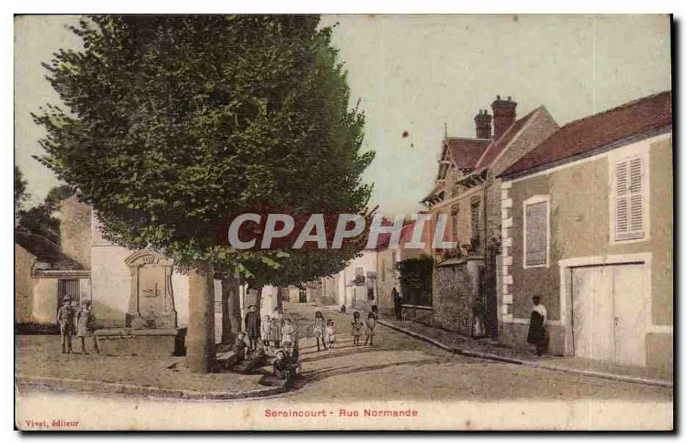 Sersaincourt - Calle Normanda — Vista de calle con árbol y habitantes — Vivat, editor - Anverso