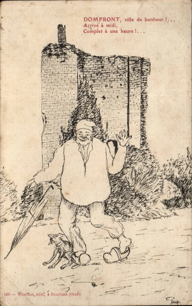 Domfront, Stadt des Glücks! — Karikatur eines Mannes mit Hund — Tronchet, Verlag in Domfront (Orne) Nr. 100 - Vorderseite