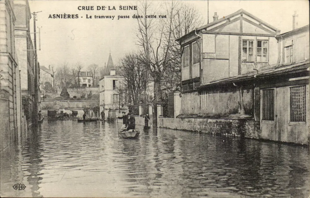 Asnières — Hochwasser der Seine — Der Tramway fährt durch diese Straße — Verleger EID - Vorderseite
