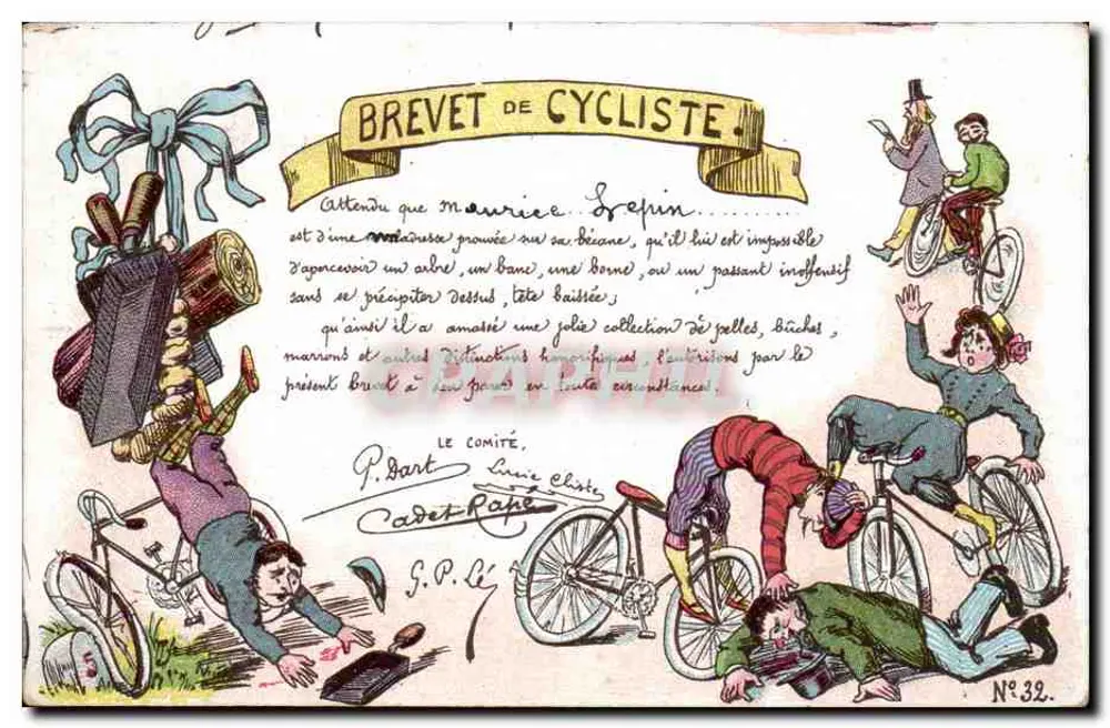 Fahrrad-Zeugnis — humorvoll karikiert — G.P. Paris, n°32 - Vorderseite