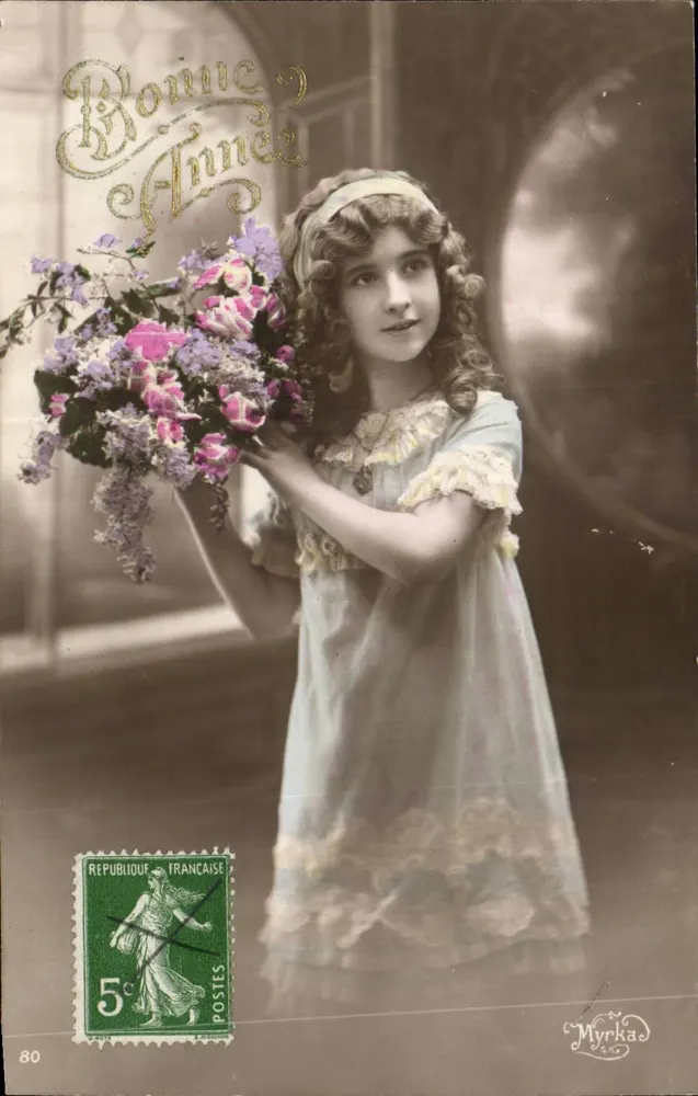 Mädchen mit Blumenstrauß — Frohe Neujahr — Myrka - Vorderseite