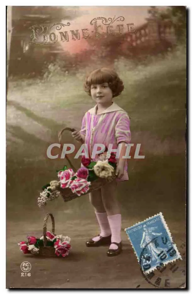 Mädchen mit Blumenkorb — Frohe Geburtstagskarte — PC 216 - Vorderseite