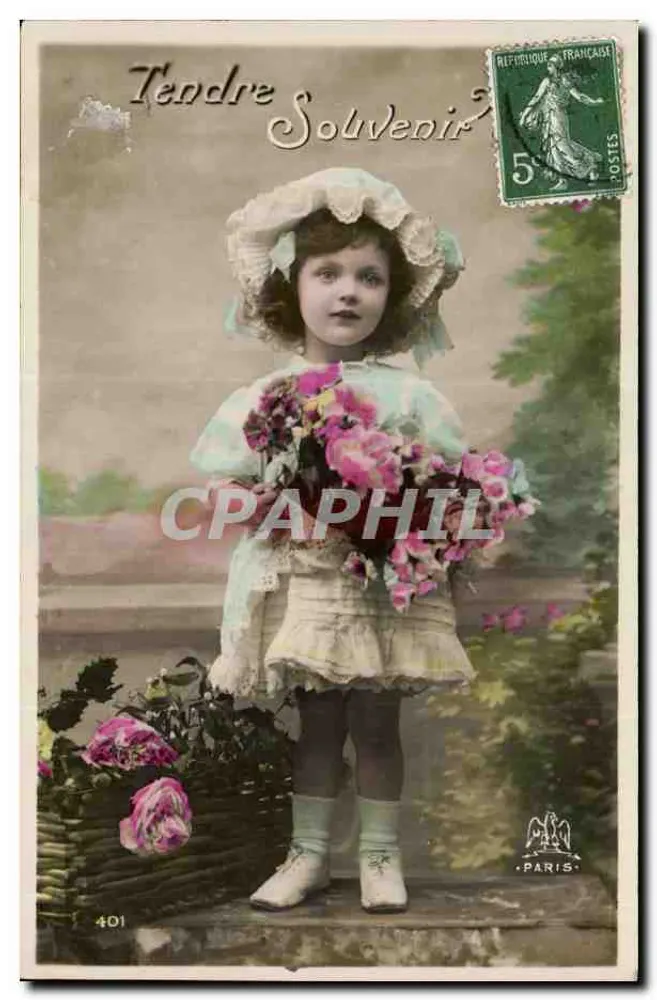 Kleine Mädchen in Kleid und Blumenhut — Tendre Souvenir — Paris, Nr. 401 - Vorderseite