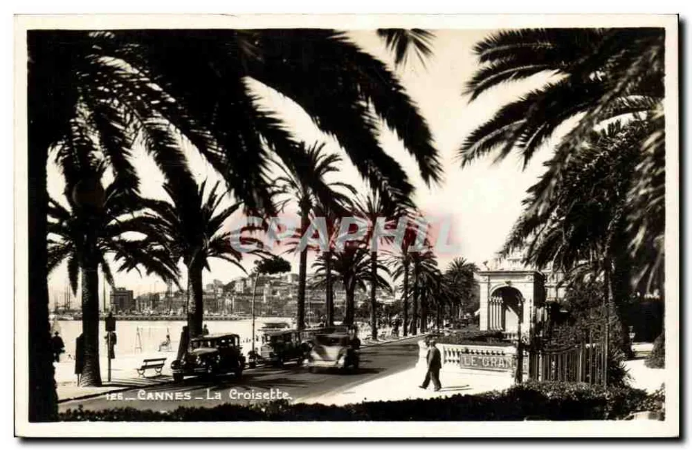 Cannes - La Croisette — vista da avenida cercada de palmeiras e carros da época — edições Le Grand - Frente