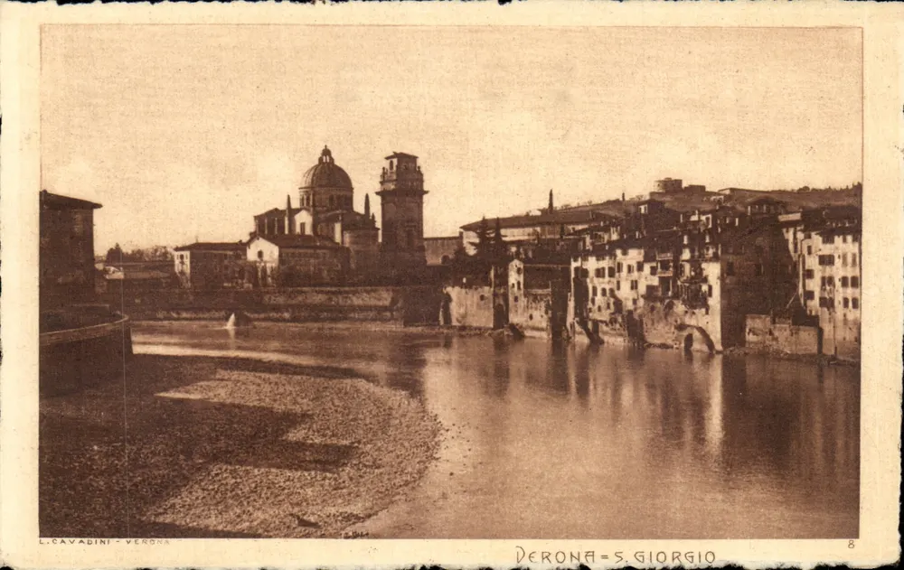Verona - S. Giorgio — Ansicht des Flusses und der Kirche — L. Cavadini, Verona, n°8 - Vorderseite