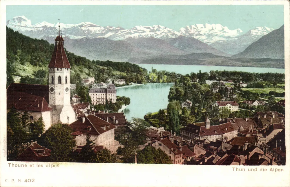 Thoune e le Alpi — vista panoramica con chiesa e lago — C.P.N. 402 - Recto