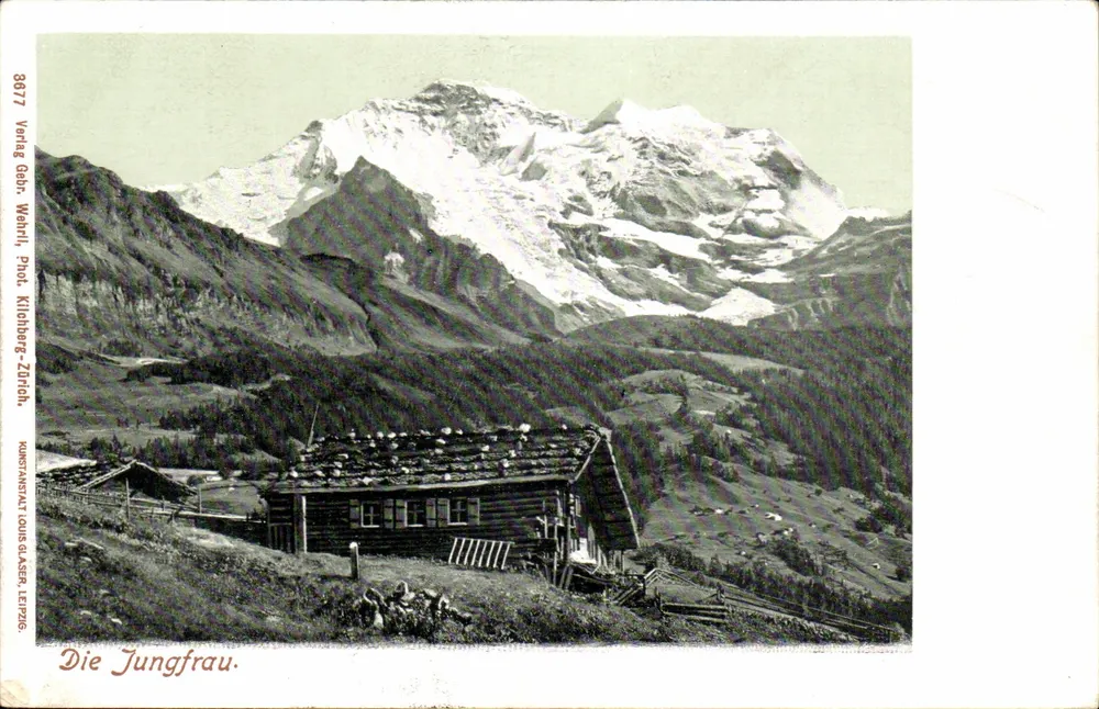 Die Jungfrau — vista alpina com cabana — Verlag Gebri Wahni, Phot. Klioborg-Zürich - Frente
