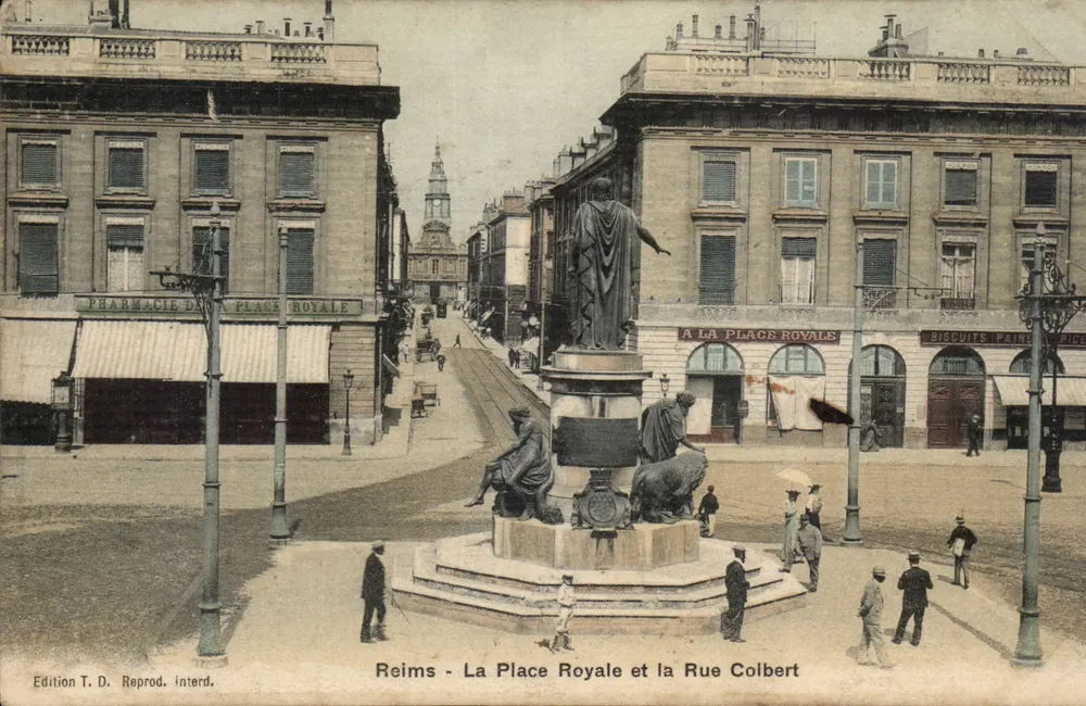 Reims - La Piazza Reale e la Rue Colbert — Edizione T. D. Riproduzione vietata - Recto