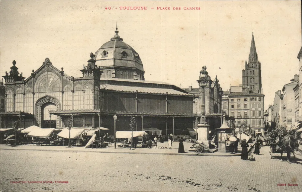 Toulouse - Place des Carmes — marché couvert et église — Phototypie Labouché Frères, Toulouse, n°46 - Frente