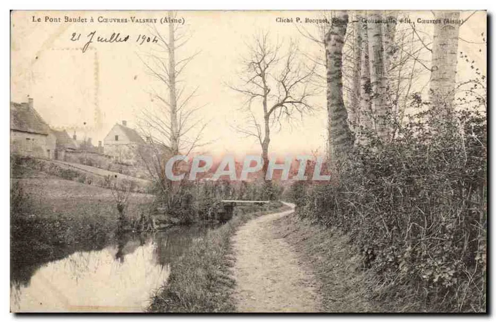 O Ponte Bauder em Cœuvres-Valsery (Aisne) — vista do ponte e caminho cercado de árvores — Cliché P. Hocquet, Groussaille, edição Cœuvres (Aisne) - Frente