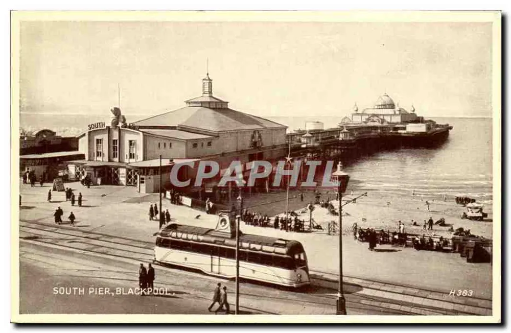 South Pier, Blackpool — Ansicht des Kai und der Straßenbahn — Valentine's Postcard Ltd, n° H383 - Vorderseite