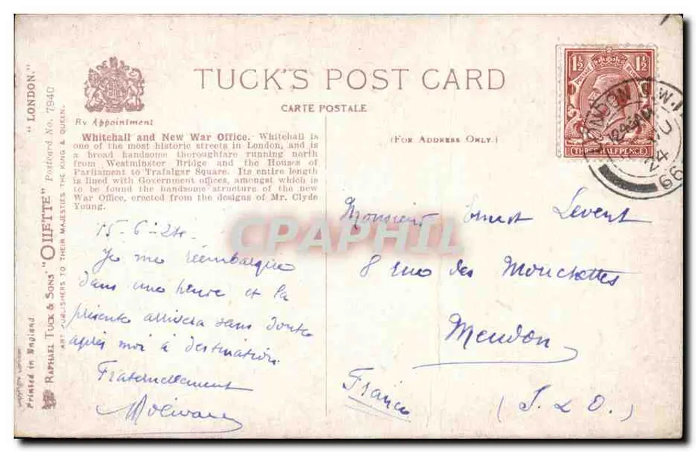 Whitehall & New War Office — Charles E. Flower — Tuck's Post Card - Rückseite