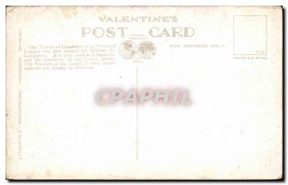 Tower of London — Panoramablick mit der Tower of London und Tower Bridge — Valentine's Postcard n°20854 - Rückseite