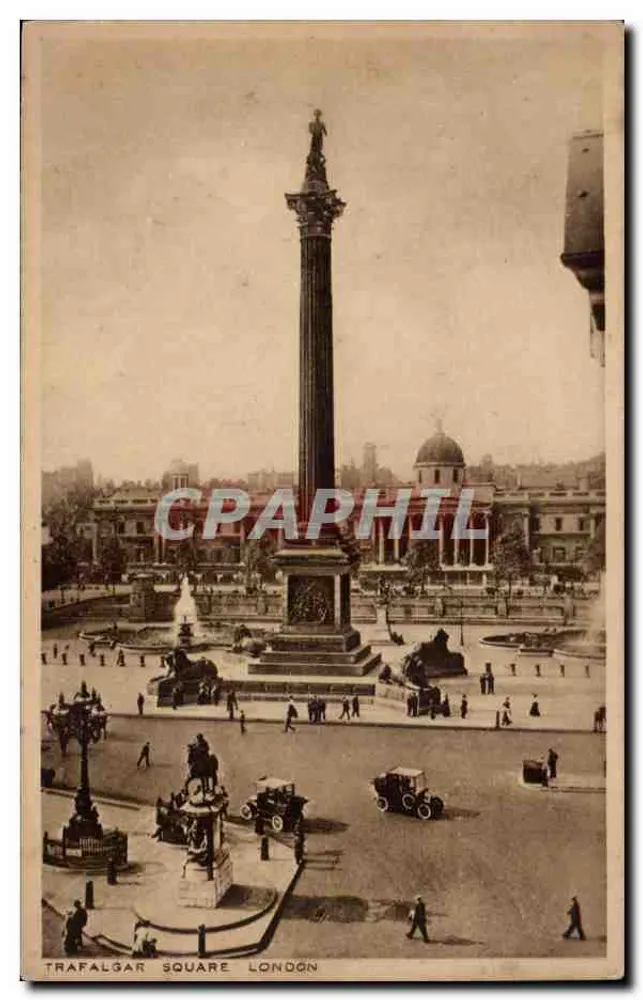 Trafalgar Square London — Napoleonische Säule und Fontänen — Verlag H. Heskett - Vorderseite