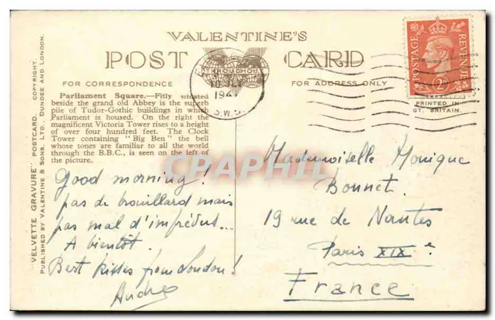 Parliament Square, Londres — vista do Big Ben e do Parlamento — Valentine's Postcard n°82277 - Verso
