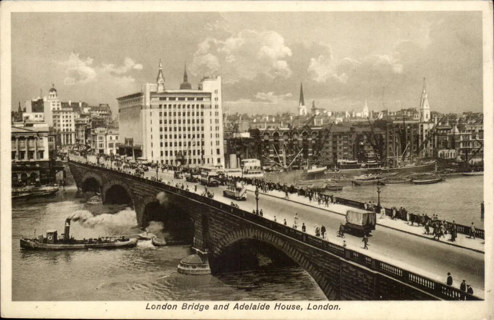 London Bridge und Adelaide House, London — städtische Ansicht mit Dampfschiff — Verlag G 90 - Vorderseite
