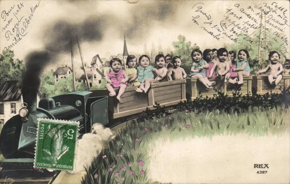 Bambini su un treno — scena di paese — editore REX n°4327 - Recto
