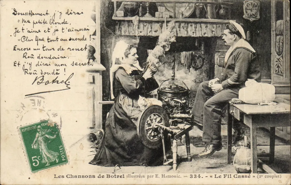 Een vrouw bij de metayerie en een zeevaarder — De Liedjes van Botrel geïllustreerd door E. Hamonic — n° 334 — « Le Fil Cassé » (2e couplet) - Voorkant