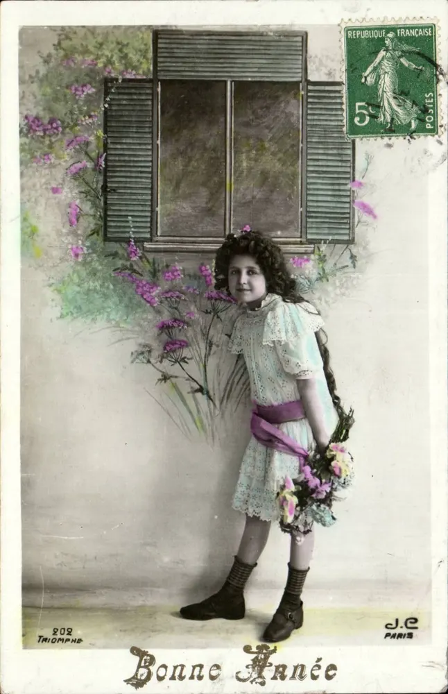 Mädchen mit Blumenstrauß — Frohe Neujahr — J.C. Paris, Nr. 802 - Vorderseite