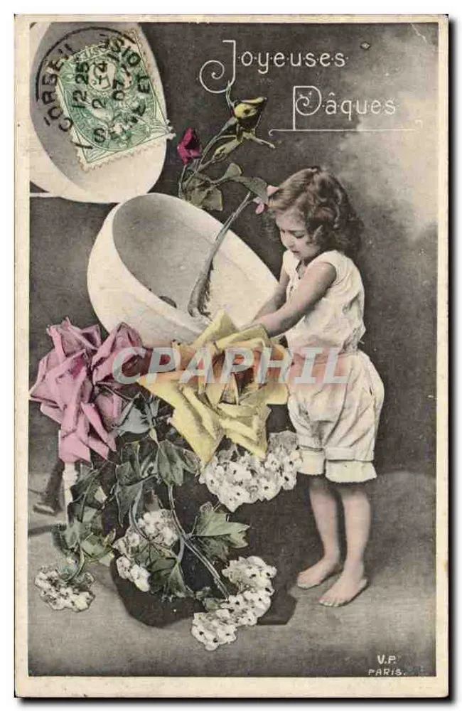 Mädchen, das mit Blumen spielt — Frohe Ostern — V.P. PARIS - Vorderseite