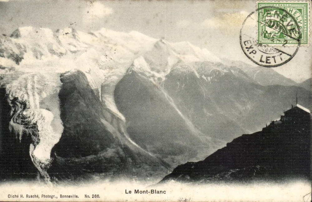 O Mont-Blanc — vista do glaciar — Cliché H. Rusché, Fotographe, Bonneville, No. 266 - Frente