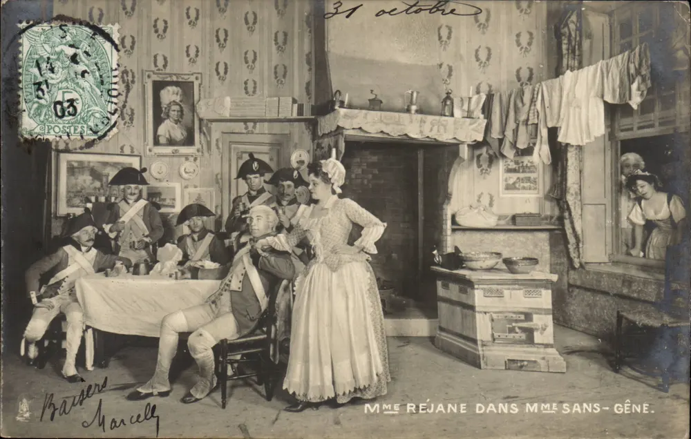 Frau Réjane in Frau Sans-Gêne — Theater-Szene — Verlag Tuck & Fils, Serie 200 - Vorderseite
