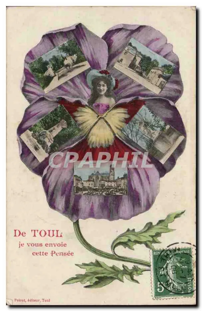 Pensée — tarjeta postal decorativa con 5 viñetas — Poirat, editor, Toul - Anverso
