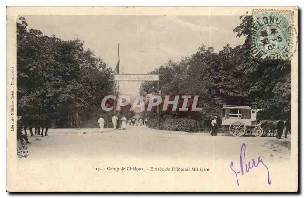 Camp de Châlons - Entrée de l'Hôpital Militaire — Librairie Militaire Guérin, Mourmelon - Recto